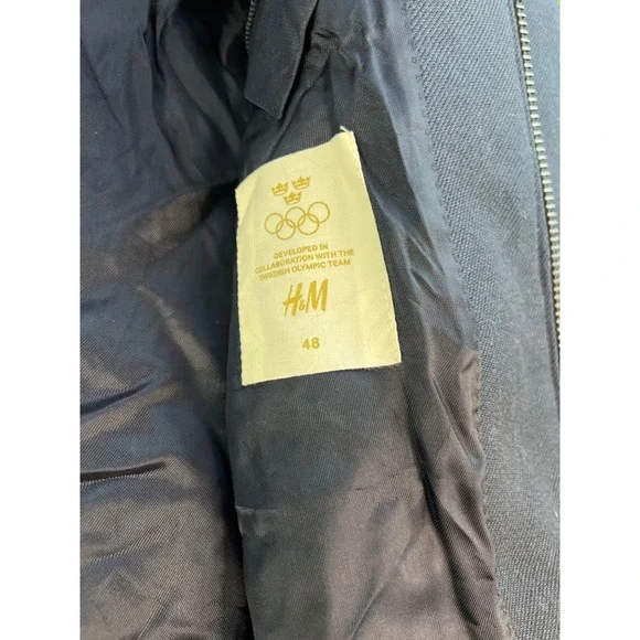 H&M Navy Blue Coat Jacket Zippered Pockets Long Sleeve Collared Swede Olympcs 48